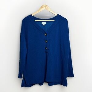 J JILL‎ Blue Long Sleeve Henley Top Women's Large Petite Pullover Button Front